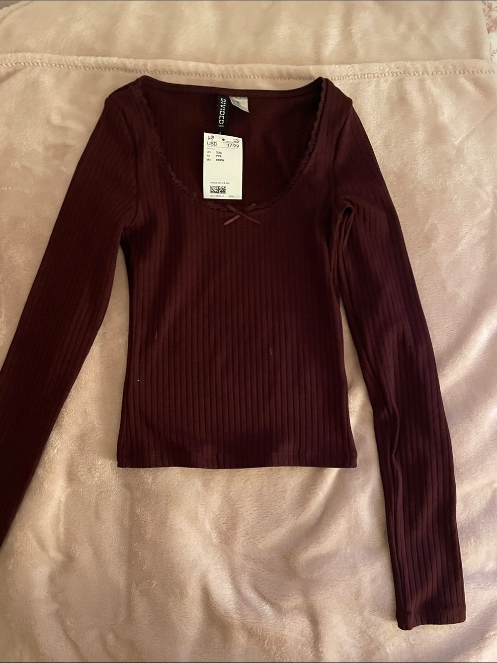 Divided Ribbed Long Sleeve Scoop Top - Burgundy